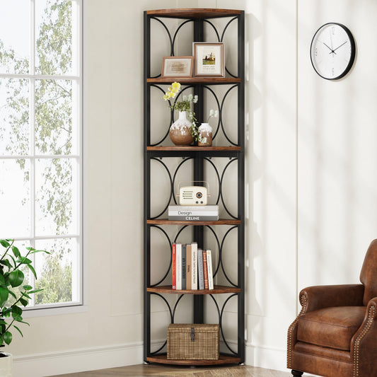 Tribesigns 67 Inch Rustic Corner Bookshelf - 6 Tier Multi-Functional Storage Rack for Small Spaces - WoodArtSupply