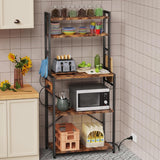 Amosic Kitchen Bakers Rack with Power Outlet, 5 Tiers Coffee Bar Table, Kitchen Microwave Stand with 6 S-shaped Hooks, Kitchen Storage Shelf Rack for Spices, Pots, Rustic Brown Amosic