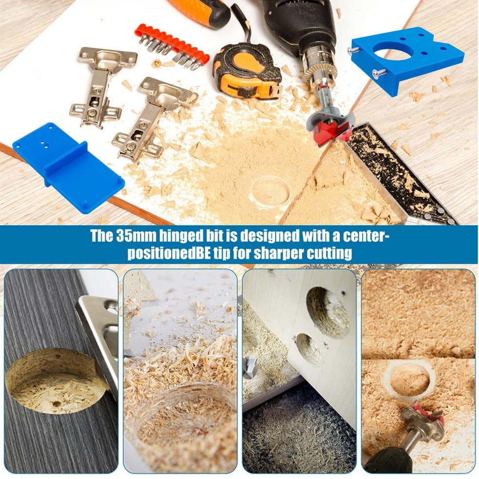 35mm Concealed Hinge Jig Kit, Bestgle Woodworking Tool Drill Bits Hinge Drilling Hole Router Jig for Cabinet Cupboard Door Installation, Hinge Hole Drill Guide Set with 35mm Forstner Bit Bestgle