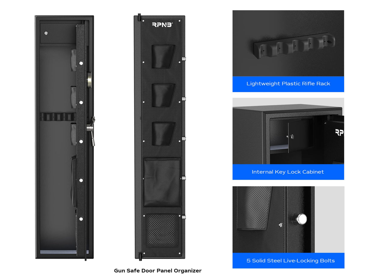 RPNB Large Biometric Rifle Safe,5-Gun Electronic Gun Security Cabinet,Quick Access Fingerprint Long Metal Rifle Gun Security Cabinet with 3 Spoke Safe Handle,Door Organizer,Separate Pistol/Ammo Area RPNB