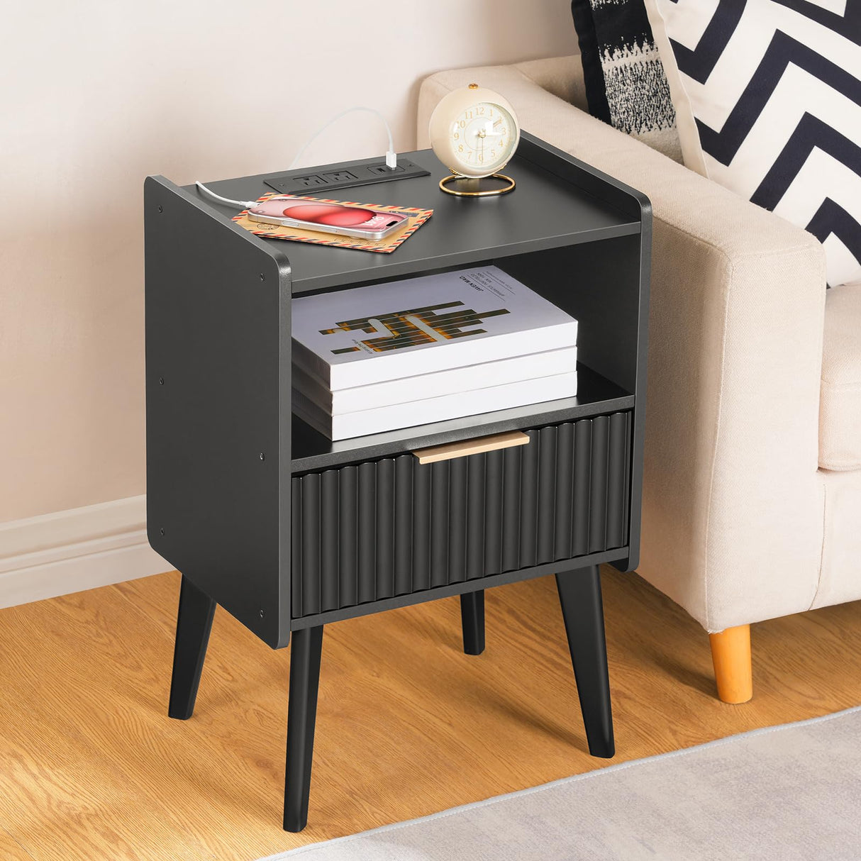 MAHANCRIS End Table Living Room Fluted Night Stand, 15.9" Modern Side Table with Charging Station，Bedside Table with Drawer for Small Spaces, Bedroom, Black ETBK61E01 MAHANCRIS