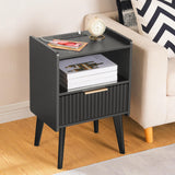 MAHANCRIS End Table Living Room Fluted Night Stand, 15.9" Modern Side Table with Charging Station，Bedside Table with Drawer for Small Spaces, Bedroom, Black ETBK61E01 MAHANCRIS