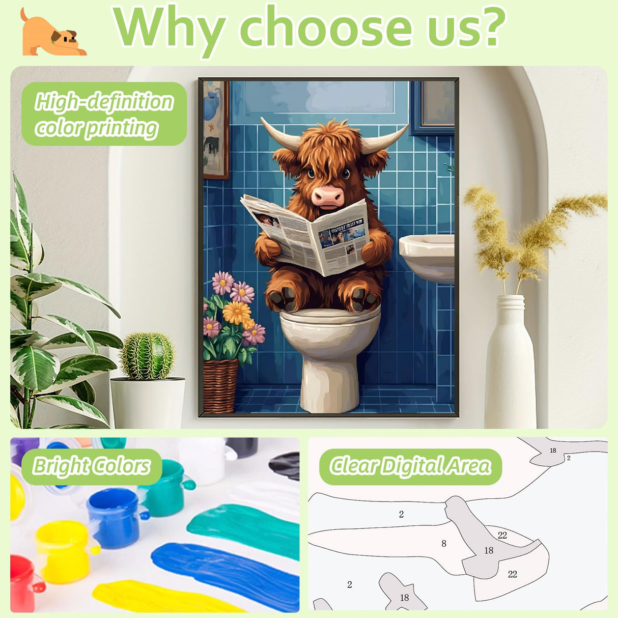 Reivworl Cow Paint by Numbers Kit for Adults Beginners, Bathroom Paint by Numbers, Adult Paint by Number Kits for Gifts and Home Wall Decor 16x20 Inch Reivworl