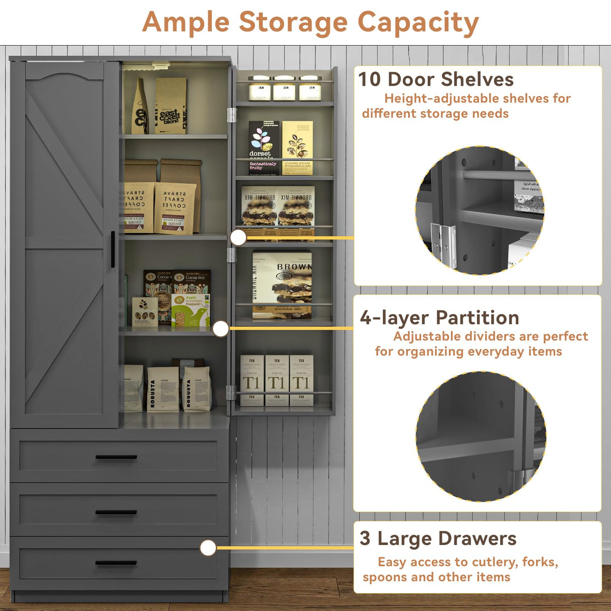 FJTJBSI 72" LED Kitchen Pantry Cabinet with 3 Drawers Farmhouse Tall Storage Cabinet Wood Food Pantry with Barn Doors and Adjustable Shelves Versatile Storage Freestanding Cupboard for Kitchen FJTJBSI