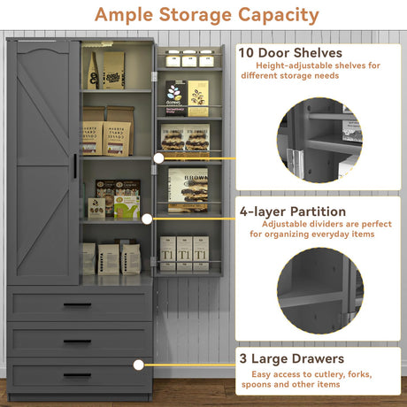 FJTJBSI 72" LED Kitchen Pantry Cabinet with 3 Drawers Farmhouse Tall Storage Cabinet Wood Food Pantry with Barn Doors and Adjustable Shelves Versatile Storage Freestanding Cupboard for Kitchen FJTJBSI