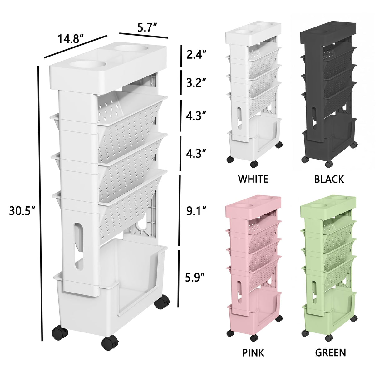 yeavs 5-Tier Mobile Bookshelf, Rolling Bookcase Book Storage Rack, Movable File Folder Organizer Cart with Wheels for Home Study Office Living Room Classroom, White yeavs