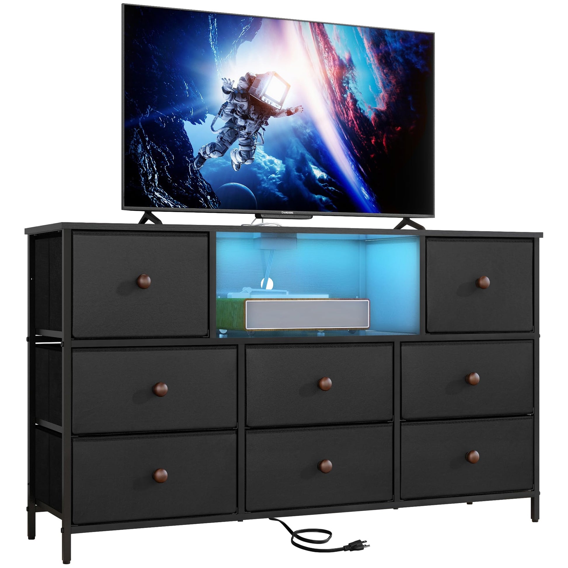 LYNCOHOME Black Dresser with Power Outlets and LED Lights, Dresser TV Stand with 8 Drawers, Fabric Chest of Drawers for Bedroom, Living Room, Entryway - WoodArtSupply