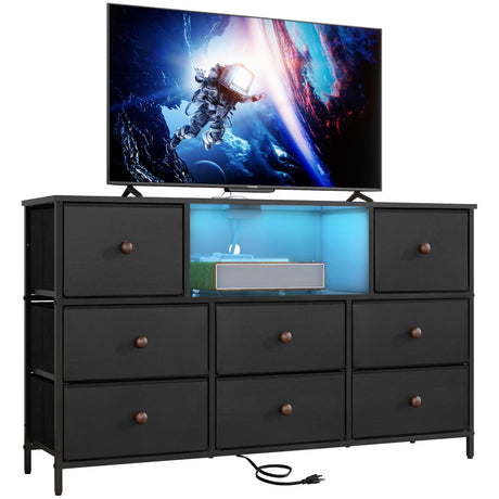 LYNCOHOME Black Dresser with Power Outlets and LED Lights, Dresser TV Stand with 8 Drawers, Fabric Chest of Drawers for Bedroom, Living Room, Entryway LYNCOHOME