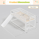 MU Twin Bunk Bed with Slide, Wood Low Bunk Bed Frame with Climbing Ladder & Safety Guard Rail, Floor Loft Bed with Lower Storage Space for Kids Toddler, White MU