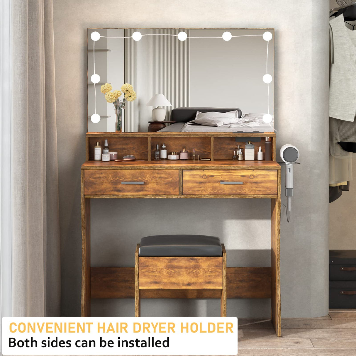 Vabches Makeup Vanity with Lighted Mirror & Power Outlet, White Vanity Set Vanity Desk, Clearance Makeup Vanity 3 Lighting Colors, Brightness Vabches