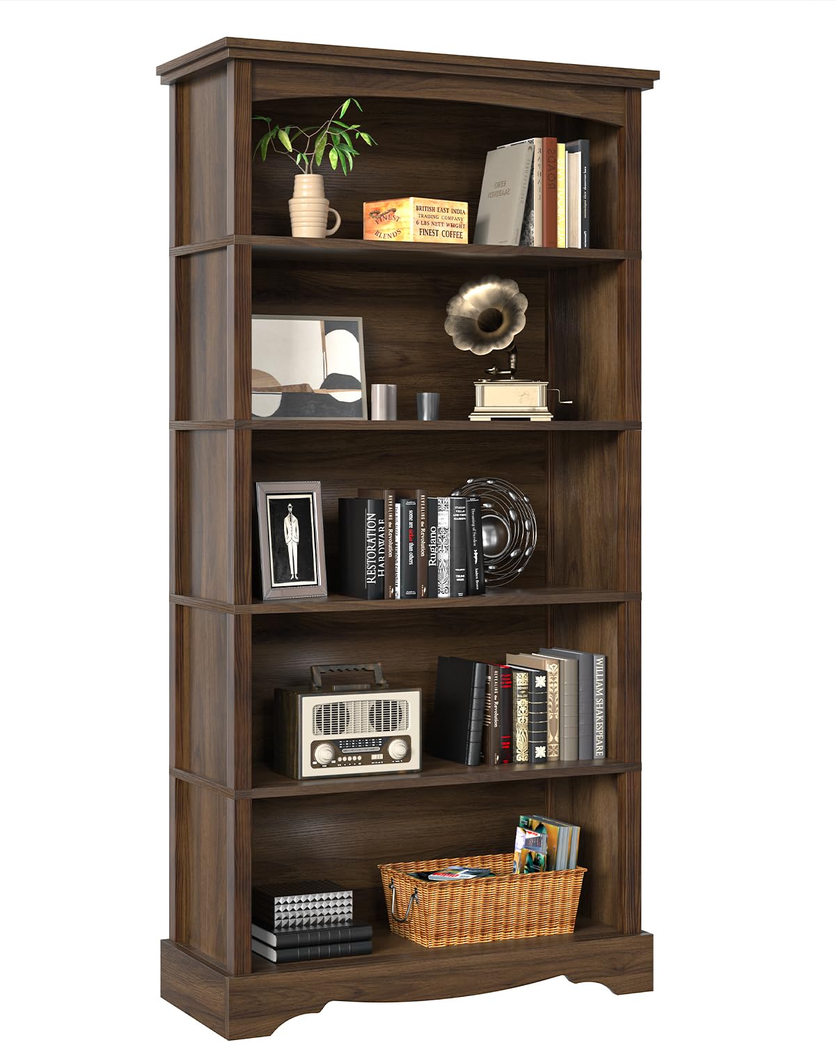 TVU 5-Tier Wooden Bookshelf, 65 Inch Tall Bookshelf with Storage, Floor Standing Modern Style Display Bookcase for Living Room, Office, Study Room, Entryway, Brown TVU