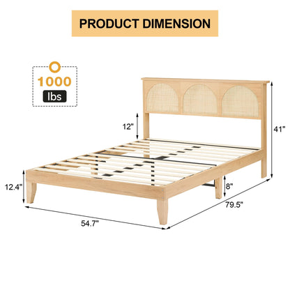 GAOMON Full Bed Frame with Natural Rattan Headboard, Full Size Platform Bed Frame with LED Lights and Rattan Headboard, Wooden Support Legs, No Box