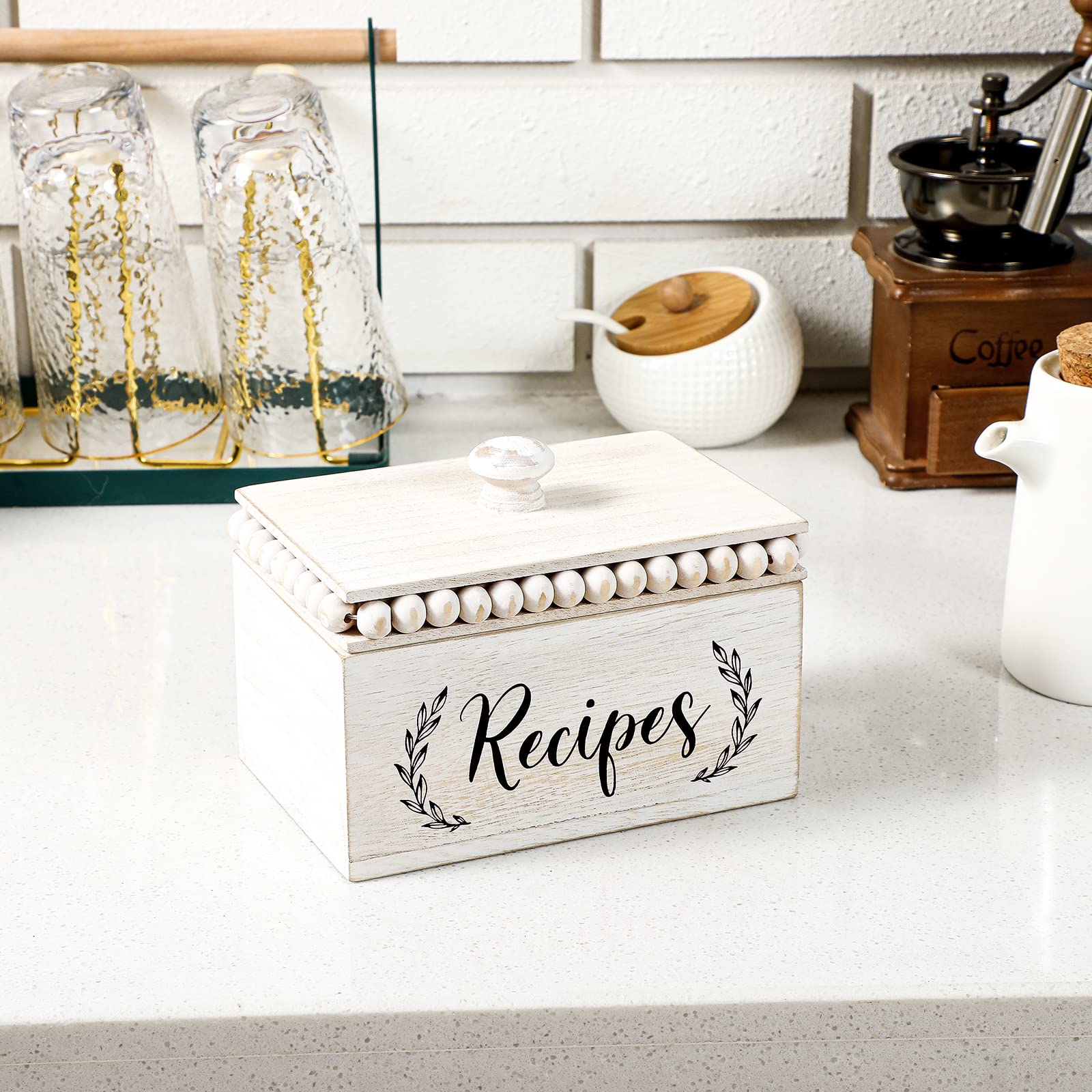 Kathfly Rustic White Recipe Box Wooden Beaded Recipe Box Farmhouse Recipe Holder and Organizer Personalized Recipe Box Bridal Shower Wedding Registry Must Haves for Wedding Birthday Housewarm - WoodArtSupply