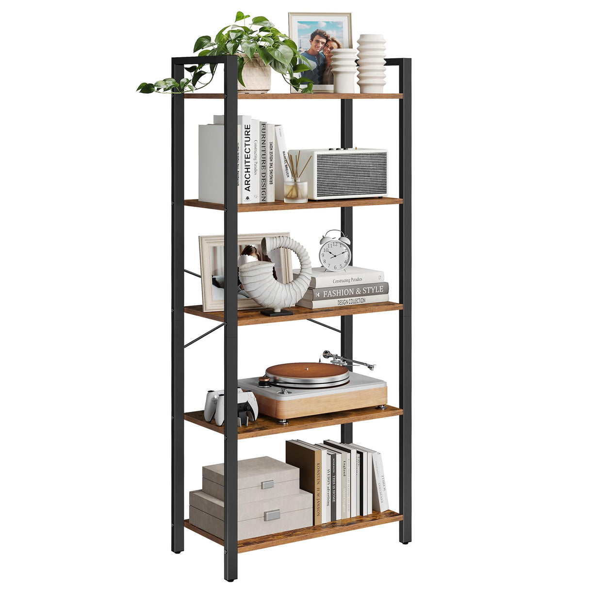 VASAGLE 5-Tier Bookshelf, Bookcase with Steel Frame, Book Shelf for Living Room, Home Office, Study, 11.8 x 26 x 60.2 Inches, Industrial Style, Rustic Brown and Ink Black ULLS061B01 VASAGLE