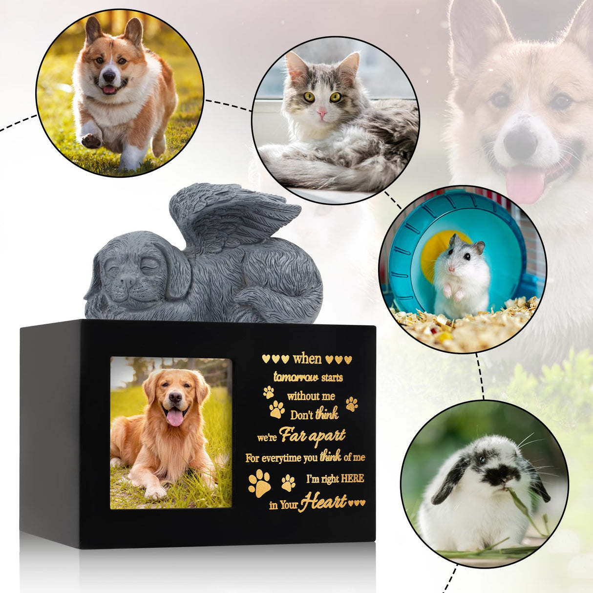LPREUTWN Pet Urns for Ashes, Large Wooden Pet Urns for Dog or Cat Ashes with Dog Angel, Memorial Keepsake Memory Box with Photo Frame, Loss Pet Sympathy Remembrance Gift (Black) LPREUTWN