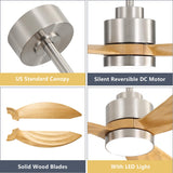 ELEHINSER 52" Wood Ceiling Fan with Lights and Remote Control, 3 Blades 6-Speed Dimmable Light Reversible DC Motor Ceiling fan for Kitchen Bedroom Dining Living Room, Wood Blades with Nickel ELEHINSER