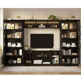 MEISSALIVVE 4-Piece Wall Unit TV Stand with Storage & LED Lights for TVs up to 75", Modern Entertainment Center with Bookshelves & 4-Door Pantry Cabinet, Black MEISSALIVVE