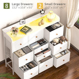 Yoobure Dresser for Bedroom with Charging Station and LED Lights, Tall TV Stand with 10 Storage Drawers, Fabric Wood Dressers & Chests of Drawers for Kids Bedroom Closet Organizer, White Yoobure