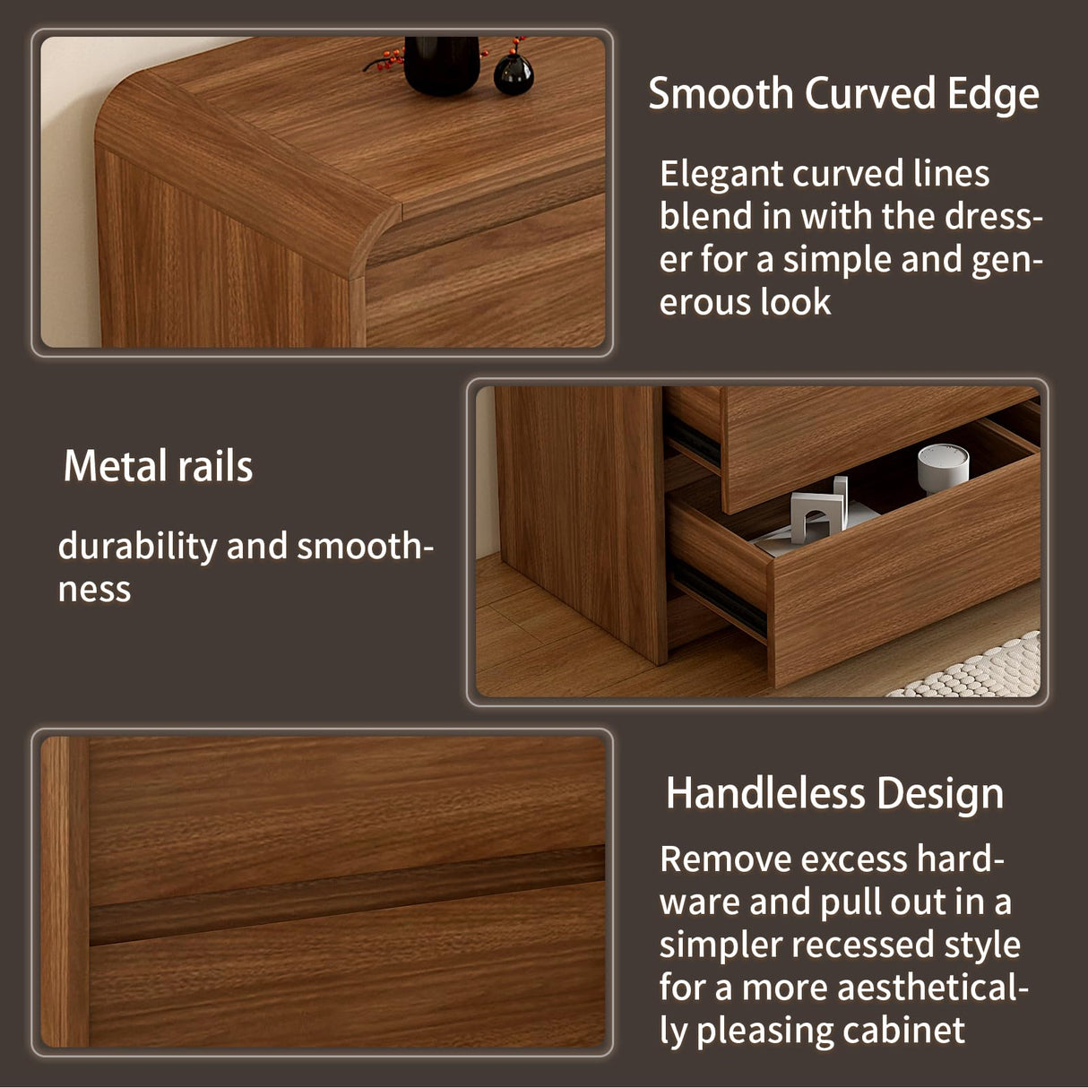 Messenya Modern 8-Drawer Dresser 55-Inch Wide, Curved Anti-Collision Design, Mid-Century Storage Cabinet with Pre-Embedded Slots, Sturdy Reusable, Ideal for Bedroom/Living Room/TV (Brown, 8-55.1) Messenya