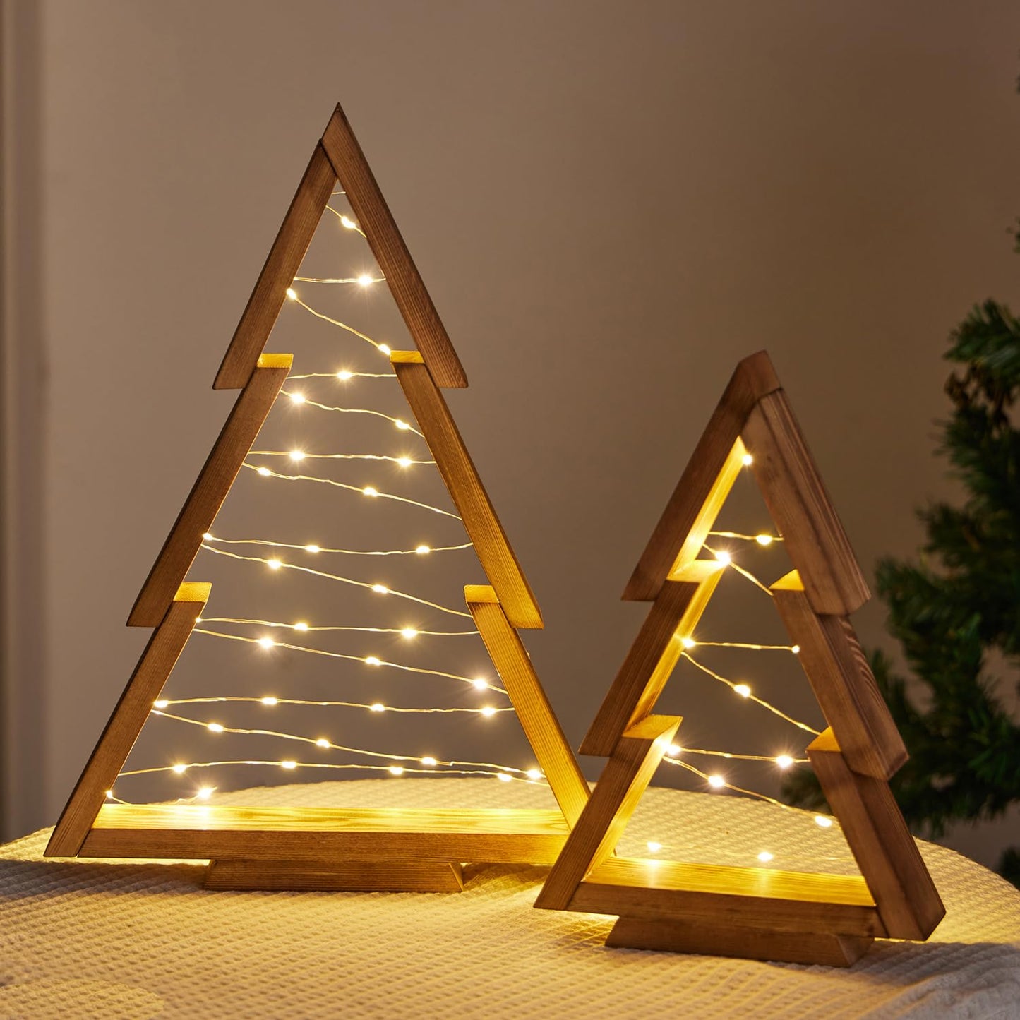 SOONOW Christmas Decorations, Wooden Christmas Tree, Tabletop Christmas Tree with Lights, Small Lighted Christmas Trees Decor for Table Top Mantle Shelf, 2 Pack (Large 14.2" H & Small 10.2" H)