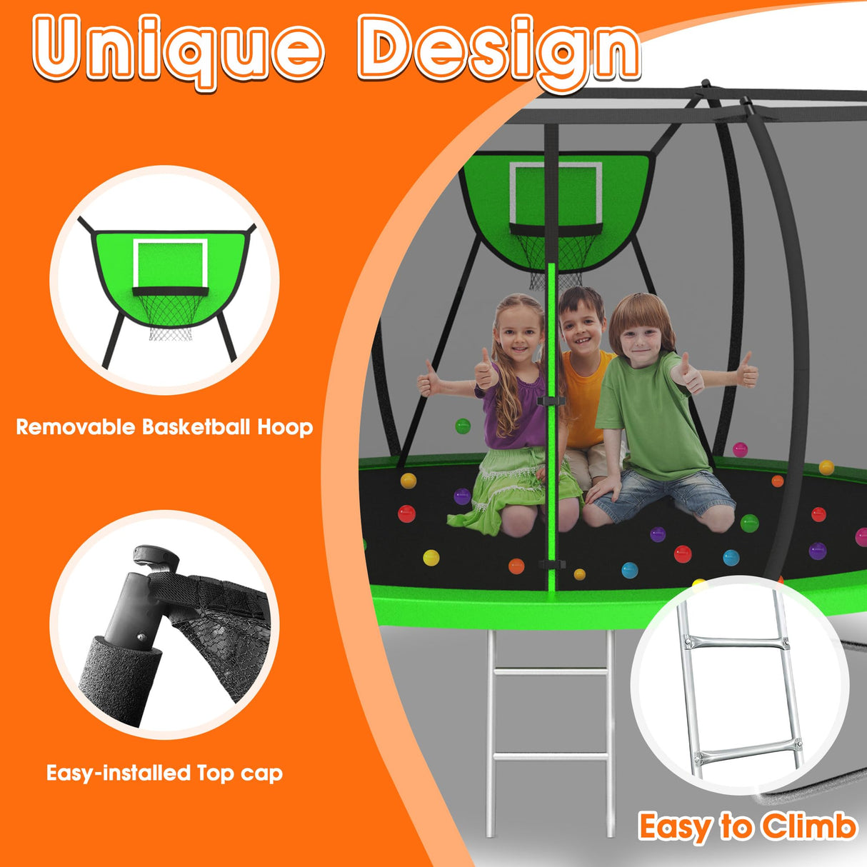 KOFUN 1500LBS 10 12 14 16 FT Tranpoline for Kids and Adults,【Curved Poles Larger Room】 Tranpolines Outdoor with Net, Ladder, Basketball Hoop, ASTM Approval- Easy to Assemble Recreational Tranpoline KOFUN