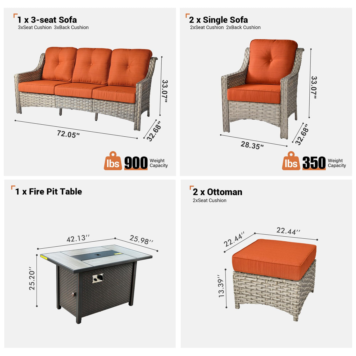 ovios Outdoor 6 Piece Patio Furniture with Fire Pit Table,Wicker Coversation Set with Single Chair,Comfy Sectional Deep Sofa with Ottoman for Outside Porch Balcony Backyard Pool,Orange ovios