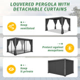 LVUYOYO 10' x 13' Outdoor Louvered Pergola, Metal Aluminum Pergola with Adjustable Roof, Waterproof Gazebo with Curtains and Netting for Patio, Backyard, Garden, Deck (Black) LVUYOYO