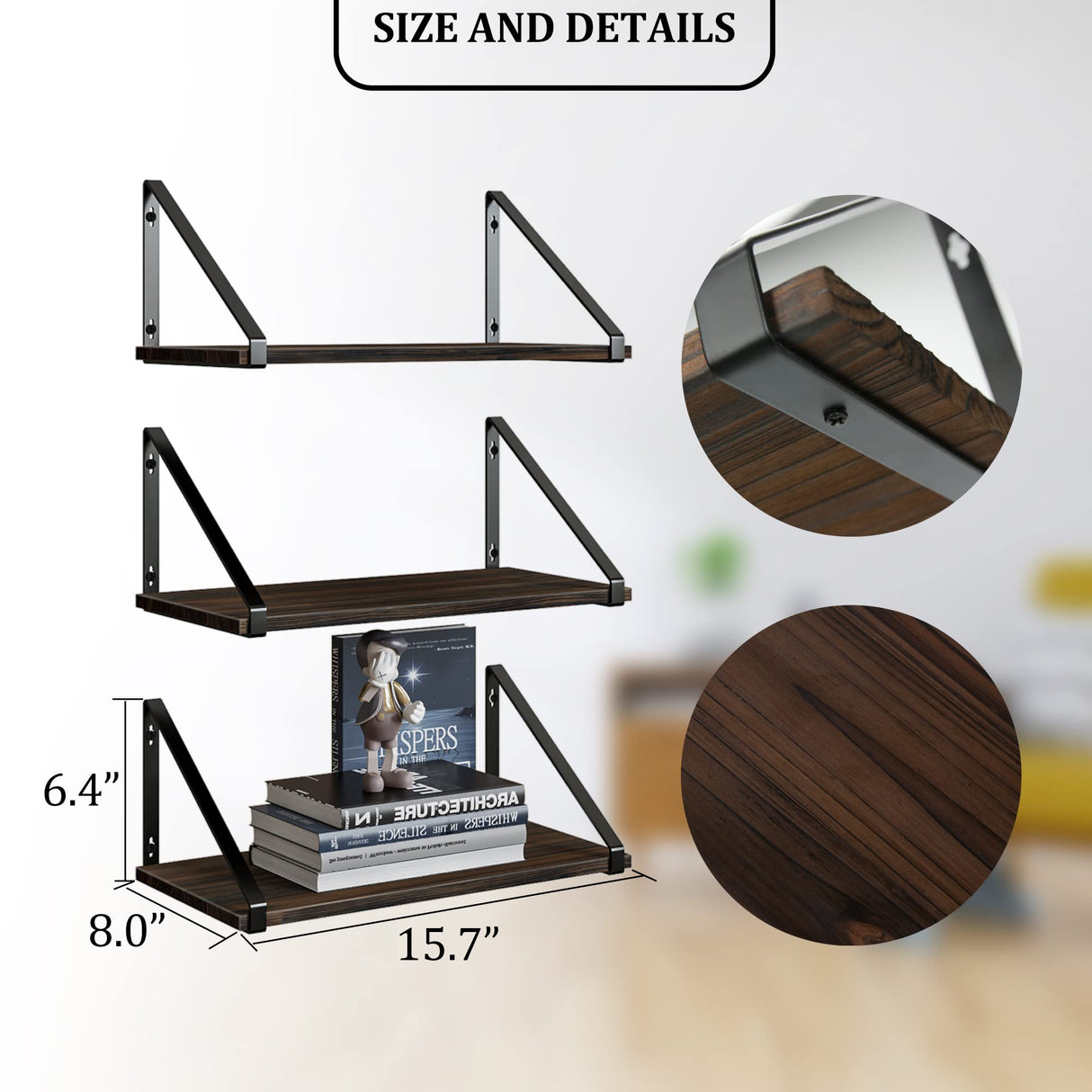 BAMEOS Floating Shelves Rustic Wood Wall Shelf, Small Bookshelf for Living Room, Office, Bedroom, with Metal Bracket BAMEOS