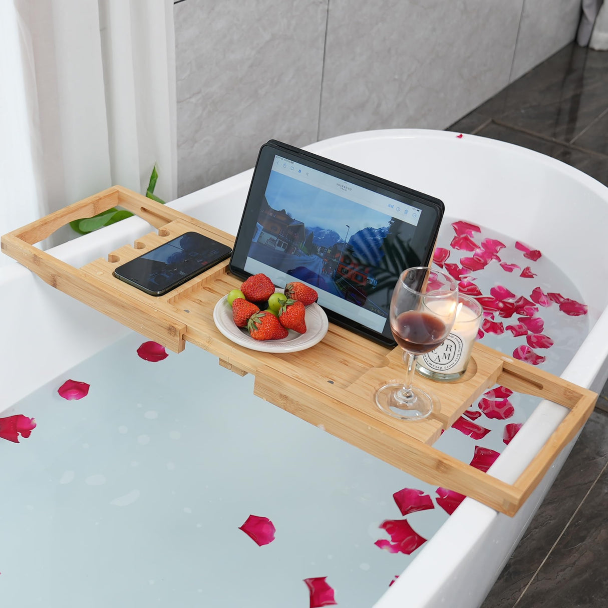 Utoplike Bamboo Bathtub Caddy Tray Bath Tray for Tub, Adjustable Bathroom Bathtub Organizer with Book Tablet Wine Glass Cup Towel Holder (24.5"-37.4") Utoplike