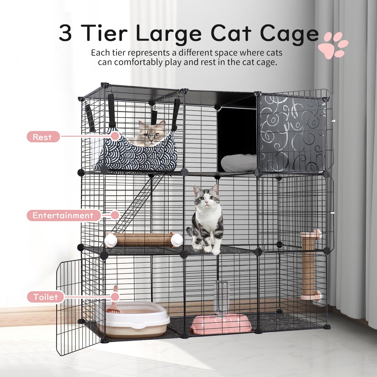 BriSunshine Cat Cages Indoor, 3 Tier DIY Cat Enclosure with Large Hammock, Metal Wire Pet House Kennels Crate Catio with Litter Box, Bed, Scratchers, Bowl, Stairs for 1-2 Cats BriSunshine