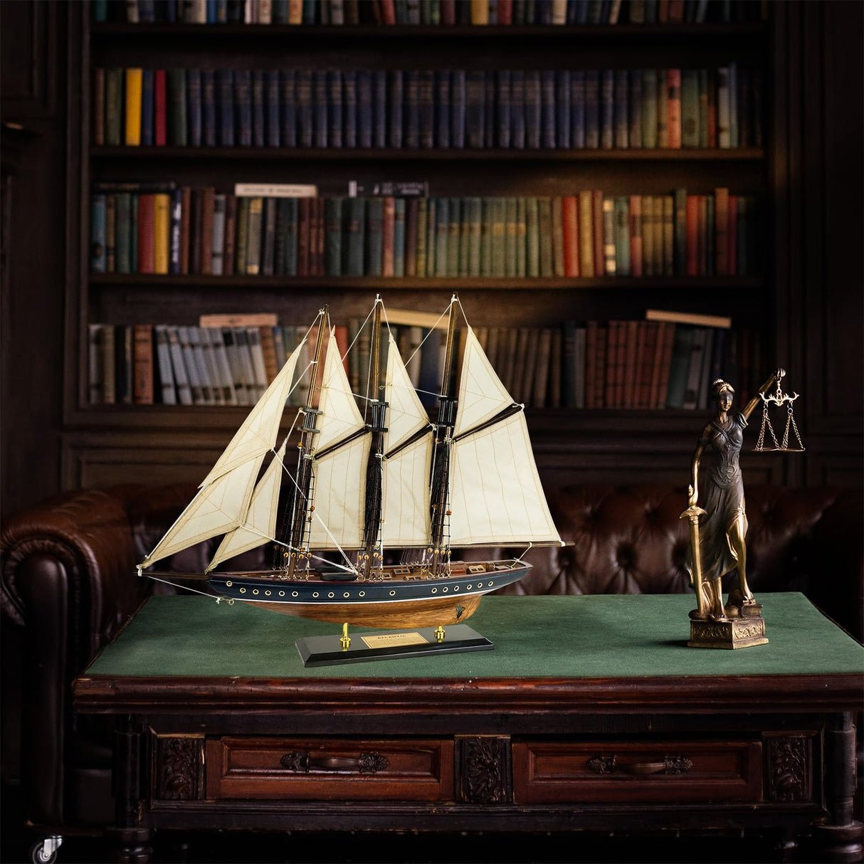 SAILINGSTORY Wooden Sailboat Model Ship Sailboat Decor 24" Schooner Atlantic 1:60 Scale Replica Blue and Walnut Antique Finish HOME DECOR SAILINGSTORY