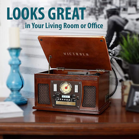 Victrola Navigator 8-in-1 Bluetooth Record Player with Built-in Speakers – 3 Speed, CD Player, Cassette, FM Radio, USB, RCA Out, Headphone Jack, Wireless Music Streaming, Real Wood, White Victrola