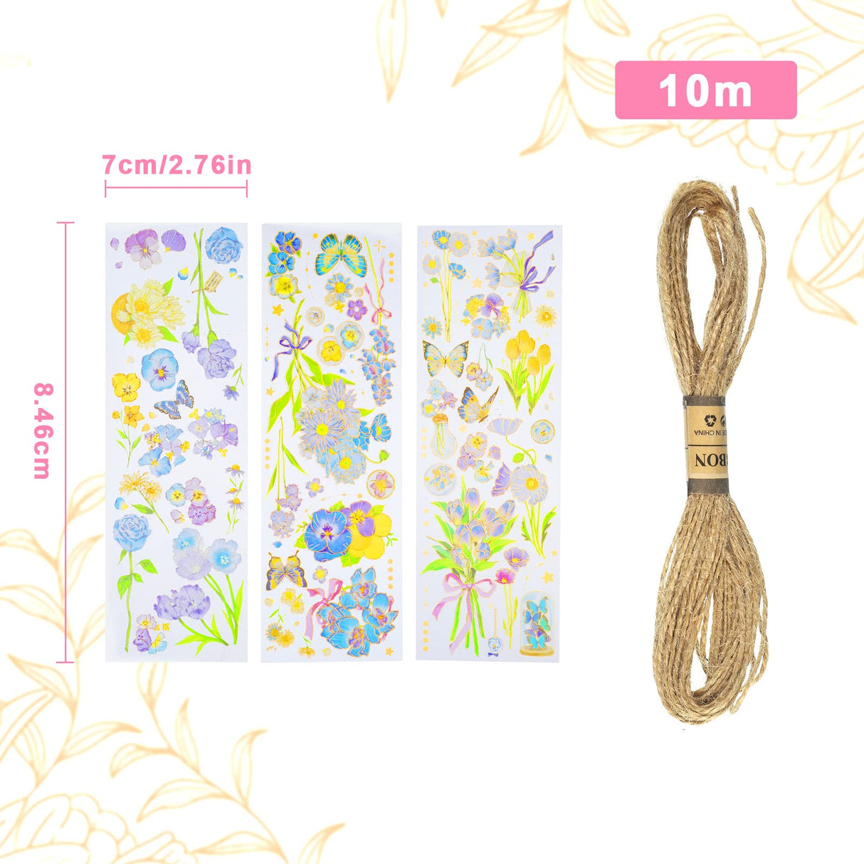 Chenkaiyang 6Pcs Mini Dried Flowers Bouquet, Mixed Natural Dried Flowers Gypsophila Bouquets Boutonniere Table Centerpieces Birthday Cake Flowers for DIY Crafts with 3 Flower Stickers 10m Hemp Rope Chenkaiyang