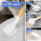 Holikme 3 Pack Dish Brush Set with Bamboo Handle, Kitchen Cleaner for Cleaning Pot, Sink and Stove, Skillet Scrubber with Tough Bristles for Cast Iron Grill Pan, Yellow White Black Holikme