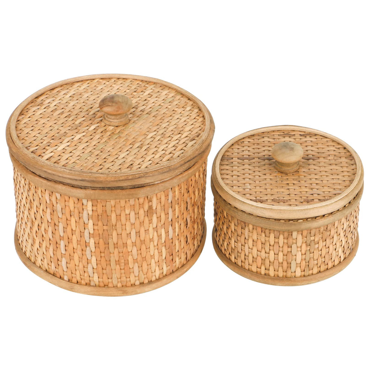 HUAXIN CRAFT H Rattan Round Decorative Box with Lid, Set of 2(Natural 7 inches and 5inches Diameter), Bohemian Wood Box For Storage. HUAXIN CRAFT H