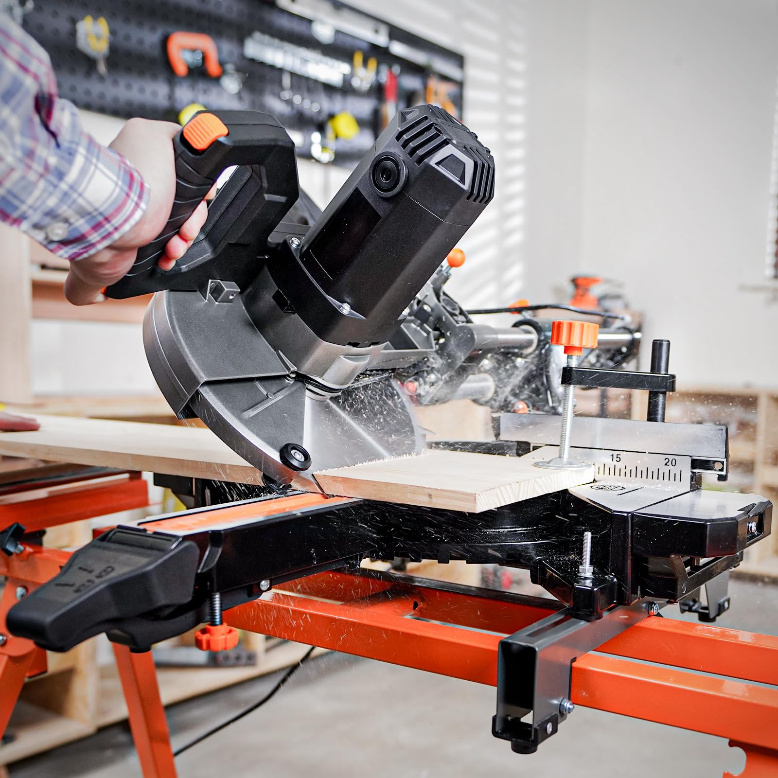 DOVAMAN 10in Sliding Miter Saw, Multi-use w/ 3 Blades, 15A Miter Saw, 4500/3200RPM, Ambidextrous Use, 0-45° Bevel Laser Cut, Max Cut 3.5x13.4in, 9 Positive Stops, for Cutting Wood, PVC or Sof - WoodArtSupply