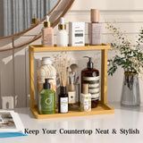 Bamboo Bathroom Organizer Countertop – Small Vanity Storage Shelf for Makeup, Perfume, Skincare – Natural Cosmetics Display Rack for Dresser, Sink, Kitchen – 10.24"x8.46"x5.12" PEKER
