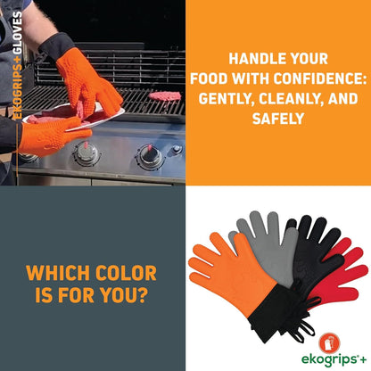 Ekogrips+ Oven Gloves with Fingers, Comfy Waterproof Heat Resistant Cooking Gloves -Long Cuff and Good Dexterity, Silicone Oven Mitts, Insulated BBQ Gloves, Outdoor Grill Gloves, Orange, OSFM