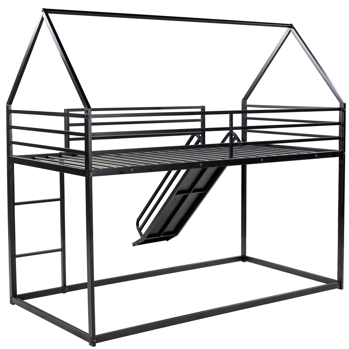 Merax Modern Twin Over Twin Heavy Steel Low Bunk Bed with Ladder and Slide House Shaped Bunk Bed Frame for Kids Boys Girls Space-Saving, Black Merax