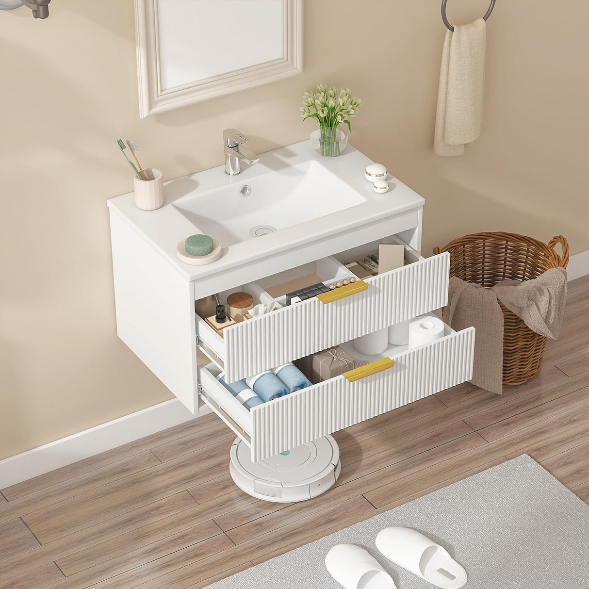 30" Bathroom Vanity Cabinet with Ceramic Sink, Wall-Mounted Floating Vanity, Integrated Sink, 2 Large Storage Drawers, with Sensor LED Light, Metal Handles, for Small Bathroom, Home, Spa, Hotel, White Kikihouse