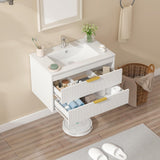 30" Bathroom Vanity Cabinet with Ceramic Sink, Wall-Mounted Floating Vanity, Integrated Sink, 2 Large Storage Drawers, with Sensor LED Light, Metal Handles, for Small Bathroom, Home, Spa, Hotel, White Kikihouse