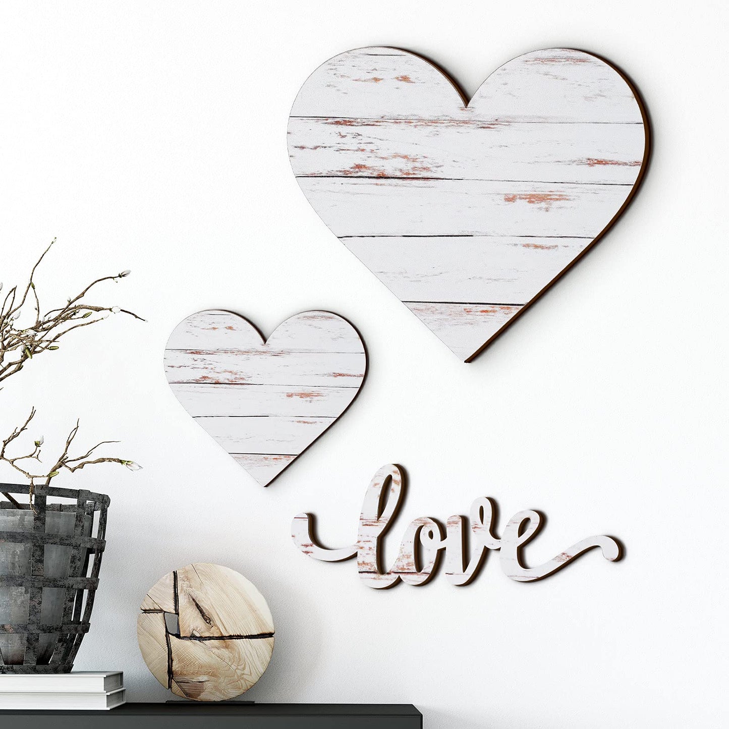 Chitidr 3 Pieces Heart Shaped Wood Sign Heart-Shaped Wooden Wall Sign Wood Heart Wall Decor Rustic Hanging Sign Wooden Heart Plaque for Home Farmhouse Living Room Bedroom (White)