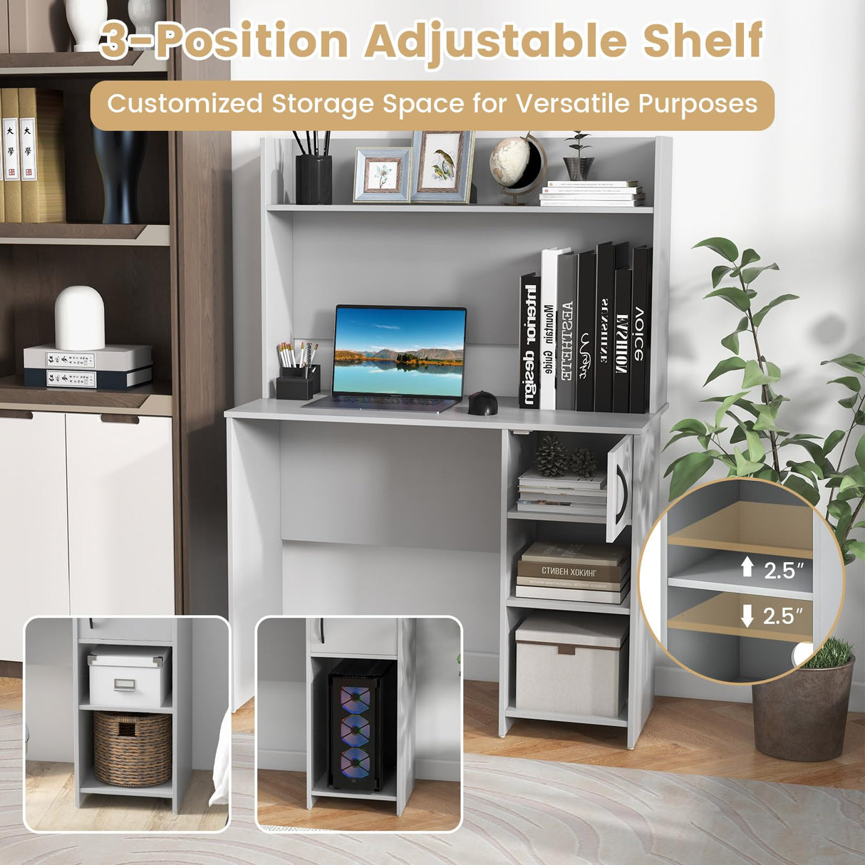 Giantex Computer Desk with Hutch, Home Office Desk with Storage Cabinet & Adjustable Shelf, 2 Cable Holes, Modern Laptop PC Desk Computer Workstation for Working, Study Writing Desk for Bedroom, Gray Giantex