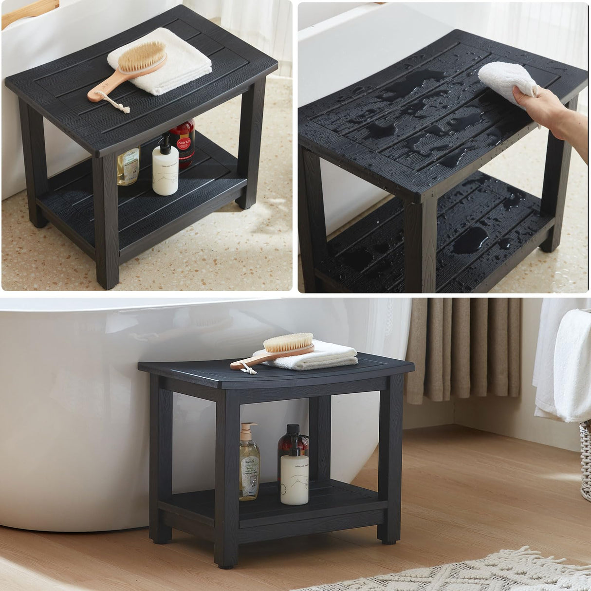 Shower Stool for Inside Shower Waterproof, Poly Lumber Shower Bench Seat for Shaving Legs, Plastic Chair Seat for Shower, Shower Foot Rest with Adjustable Feet, Non-Slip, Black KaimuBench