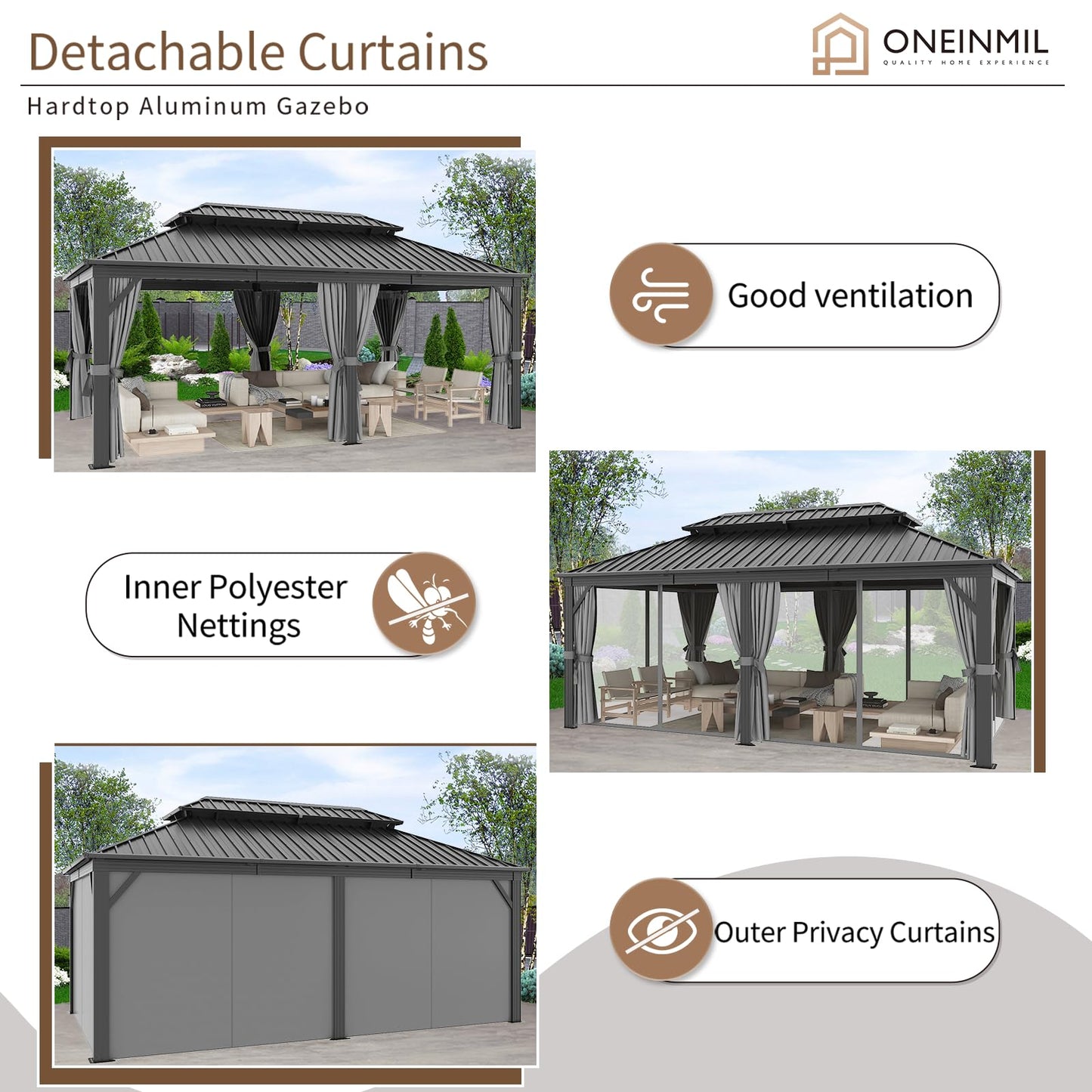 oneinmil 12' X 20' Hardtop Gazebo, Galvanized Steel Double Roof, Aluminum Metal Gazebo with Curtains and Netting, Permanent Gazebo Pavilion for Gardens, Decks, Patios - WoodArtSupply