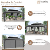 oneinmil 12' X 20' Hardtop Gazebo, Galvanized Steel Double Roof, Aluminum Metal Gazebo with Curtains and Netting, Permanent Gazebo Pavilion for Gardens, Decks, Patios oneinmil