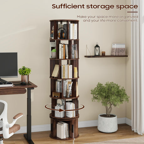Vabches 6-Tier Rotating Bookshelf, Round Revolving Bookcase Organizer, 360° Spinning Book Shelf Tower, Rolling Bookshelves for Small Spaces, Living Room, Bedroom, Study, Office, Walnut Vabches