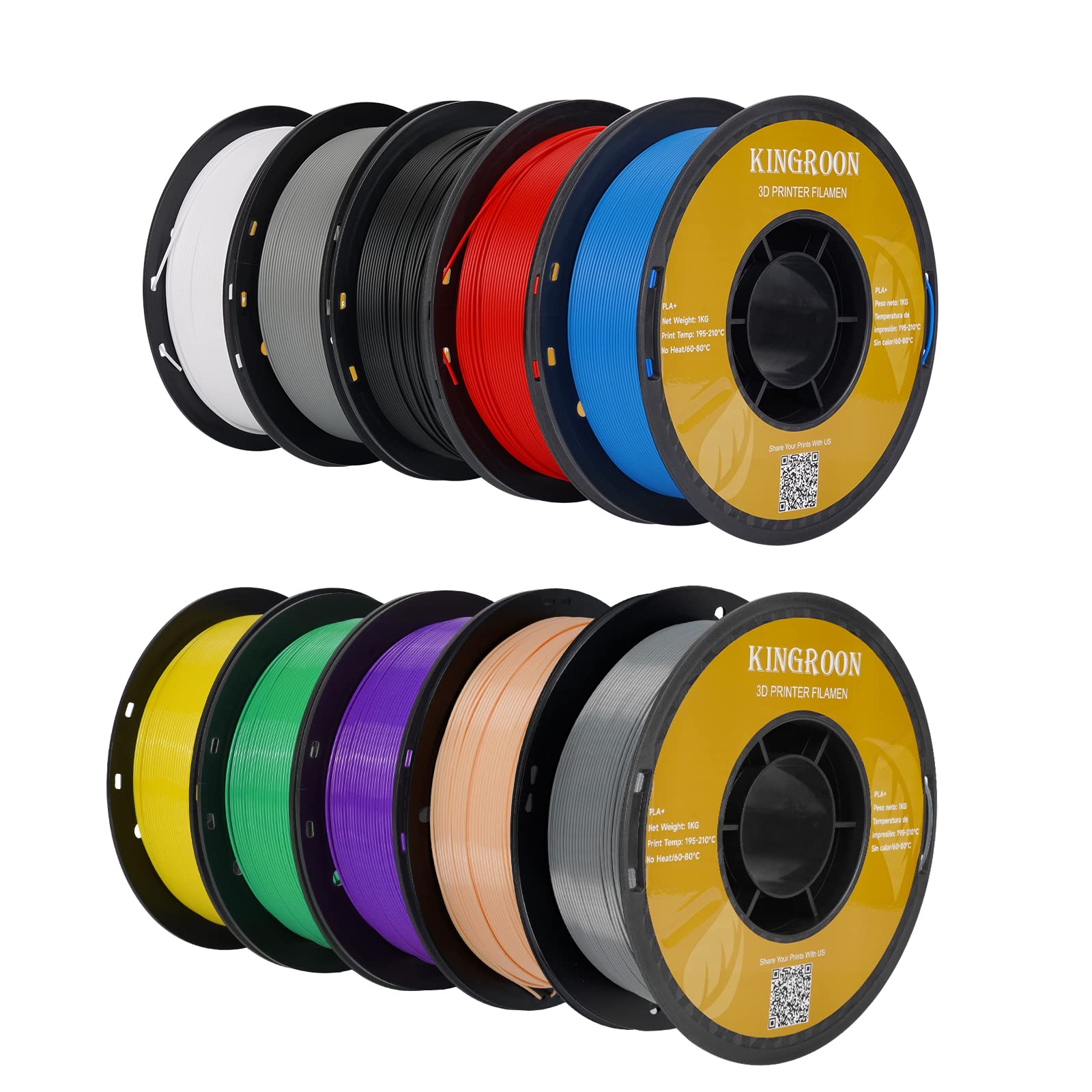 Kingroon PLA Plus（PLA+）3D Printer Filament, 10 Rolls, Dimensional Accuracy +/- 0.03 mm, 10kg Spool(22lbs), 1.75 mm，Black White Grey Red Blue Green Purple Skin Silver Yellow - WoodArtSupply