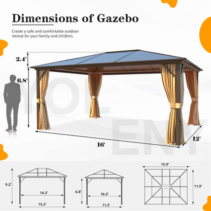 YOLENY 12'x16' Hardtop Gazebo, Outdoor Polycarbonate Roof Canopy, Aluminum Frame Permanent Pavilion with Curtains and Netting, Sunshade for Garden, Patio, Lawns, Khaki