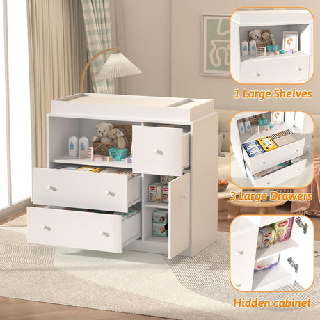 GOFEI Baby Changing Dresser with Large Tabletop, 3 Drawers, Open Storage Space, and Open Storage Shelf – Ideal Changing Table for Nurseries and Baby Rooms GOFEI